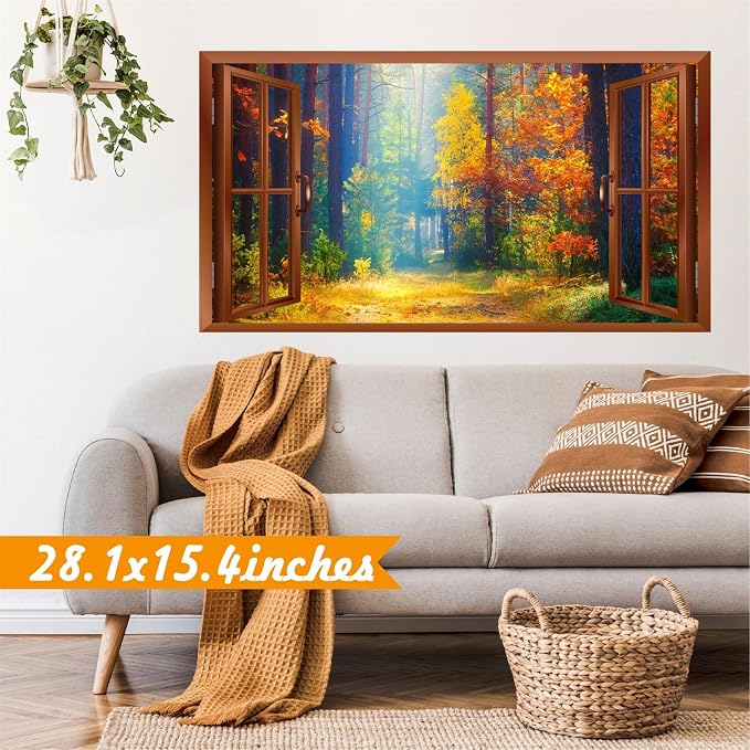 Fall Wall Stickers 3D Fake Windows Forest Trees Wall Decals Peel and Stick | Removable Fall Trees Landscape Faux Window Stickers, Thanksgiving Day Art Murals, for Bedroom Living Room Office Decoration - Image 4