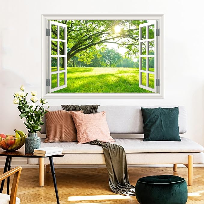 Fake Window Wall Mural Green Forest Tree Wall Art Poster Faux Window Wall Sticker for Office Home Room Decor, Peel and Stick Wall Decals 24" x 16" - Image 7