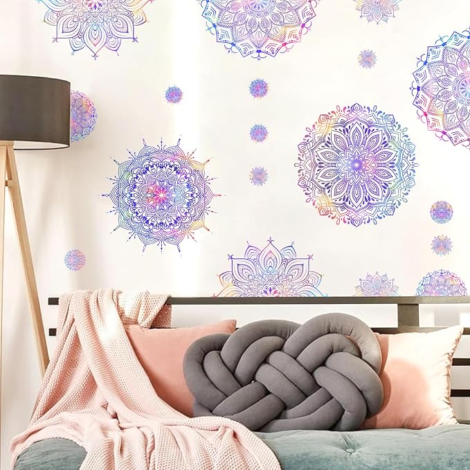 Kazova Large Mandala Wall Decals 20 Pcs Purple Wall Stickers for Living Room Lotus Flower Vinyl Decal Peel and Stick Half Mandala Art Murals for Bedroom Headboard Yoga Room Office Decor - Image 8