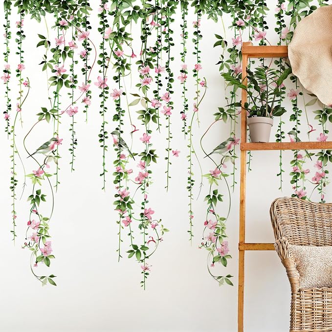 4 Sheets Hanging Vines with Flowers Wall Decals Green Plant Leaves Wall Stickers Pink Cherry Blossom Vine Wall Art Hanging Flower Tree Branches Bird Wall Murals for Kids Bedroom Nursery Decoration 20 - Image 8
