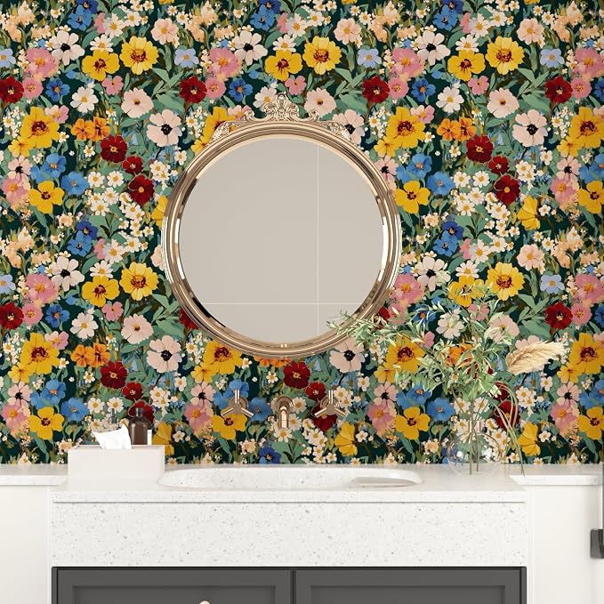 BOKEBEVE Floral Wallpaper Peel and Stick Boho Green Yellow 17.5 x 118In | Removable Self Adhesive Renter Friendly Vintage Watercolor Wall Paper for Bedroom Bathroom Living Room Accent Wall - Image 3
