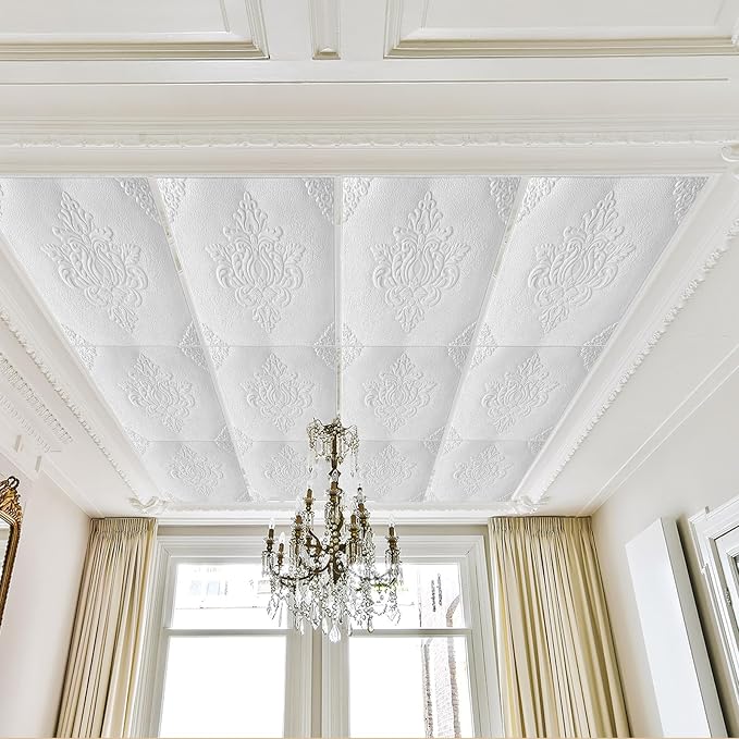Nuanchu 40 Pcs 13.8 x 13.8 Inch Ceiling Tiles Peel and Stick, Retro | Foam White 3D Wall Panels 26-105.5 Sq. ft Adhesive Glue up Waterproof Wallpaper for DIY Office Home - Image 8