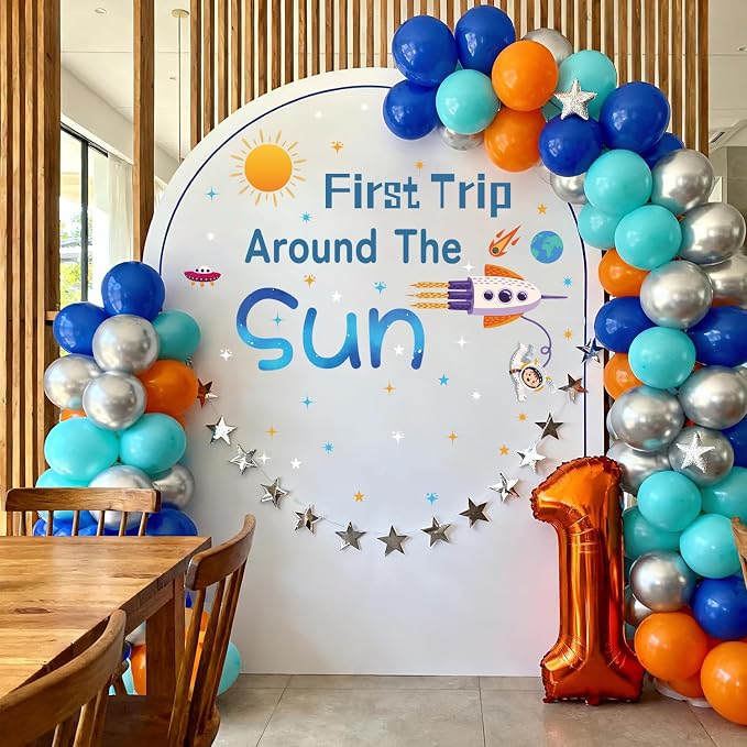 LHIUEM First Trip Around The Sun Birthday Stickers Astronaut Rocket Outer Space Murals for Baby Boy Shower 1ST Trip Around The Sun Decals Blue Planets Theme Birthday Wall Decor for Party Arch Backdrop - Image 4