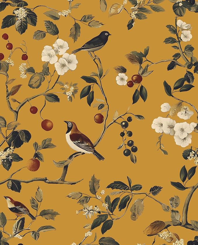 Laatse Vintage Yellow Floral Bird Wallpaper Peel and Stick 17.5"x118" | Self Adhesive/Removable/Waterproof/Thick Vinyl Contact Paper for Bathroom Bedroom Shelf Cabinet Drawer,Prepasted,Easy Peel by Laatse