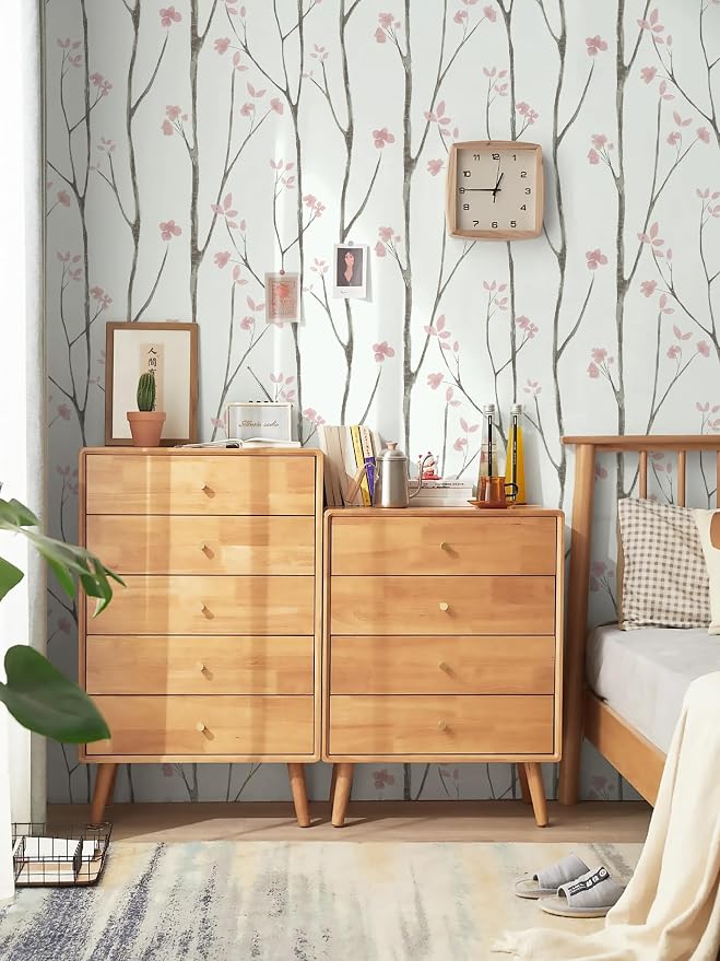Timeet 197"x16" Floral Wallpaper Peel and Stick Wallpaper White and Pink Wallpaper Boho Self Adhesive Removable Wallpaper for Living Room Bedroom Bathroom Decor - Image 4