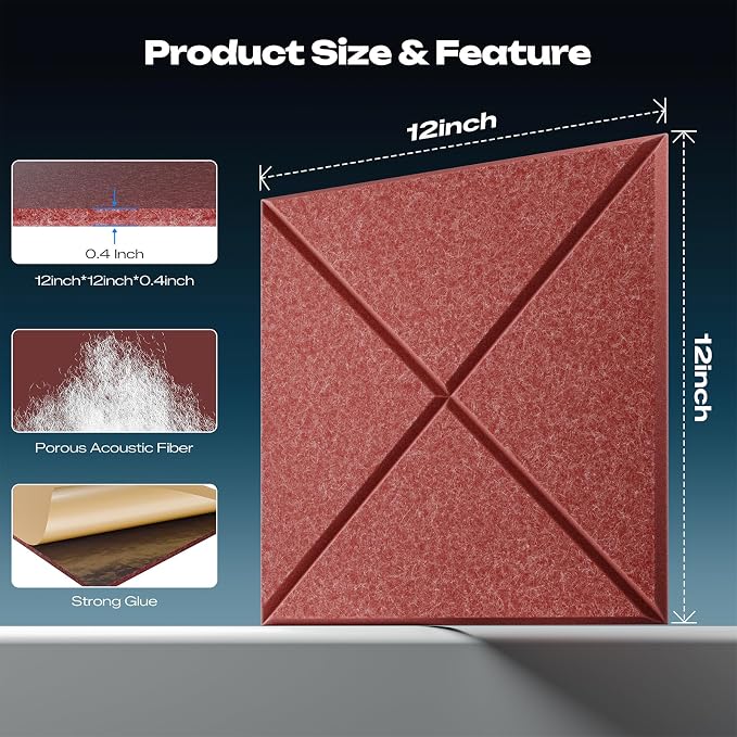 Sonicism 12 Pack X-Lined Acoustic Panels with Self-Adhesive, 12"X 12"X 0.4" Sound Proof Foam Panels, Decorative Soundproof Wall Panels, Sound Absorbing Tile for Home & Offices, Red - Image 2