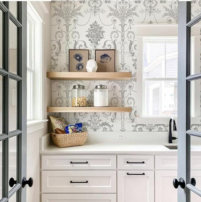 Silver Gray Removable Wallpaper Damascus Floral Peel and Stick Wallpaper | 17.3" X 197" Boho Grey Flower Contact Paper Self Adhesive Wallpaper Damask Floral Decorative Wallpaper for Bedroom Covering - Image 3