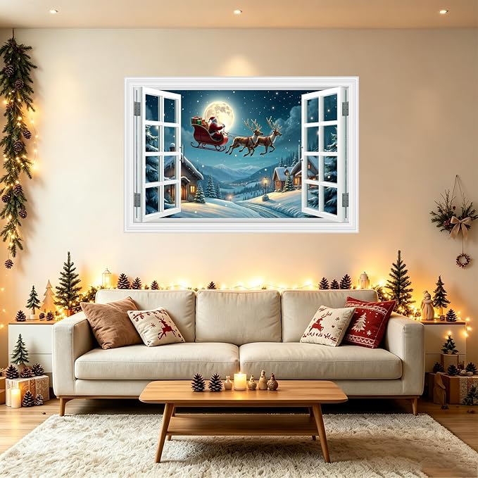 Fake Window Wall Decal - Christmas Night Santa Carry Gifts on The Roof | ｜Faux Window Merry Christmas Wall Art Mural ｜ Stick and Peel Wall Decals｜for Xmas Room Bedroom Office Scene Decor｜24"x16" - Image 2