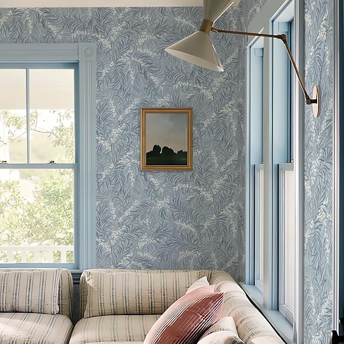 Ismoon Vintage Wallpaper Peel and Stick Dusty Blue Botanical Wallpaper 17.3in x32.8ft Leaf Removable Waterproof Blue/White Contact Paper for Bedroom Kitchen Renter Friendly Wall Decor Vinyl - Image 6