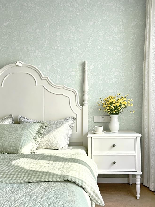 Guvana Sage Green and White Peel and Stick Wallpaper Floral Wallpaper Slef Adhesive Removable Waterproof Contact Paper Boho Wall Paper for Living Room Bathroom Bedroom Kitchen 17.3''x78.7'' - Image 6