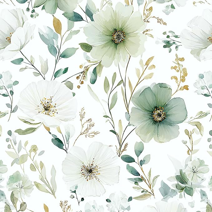 Nukofal Green Floral Peel and Stick Wallpaper for Bathroom 16.9inx118.1in | Floral Contact Paper Watercolor Flower Wallpaper Modern Green Self Adhesive Removable Wall Paper for Cabinet Decor Vinyl by Nukofal
