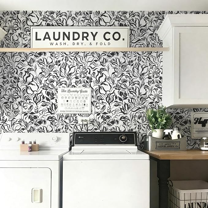 Ismoon Black and White Wallpaper Peel and Stick Floral Contact Paper 17.3in x 32.8ft Peony Flower Modern Striped Abstract Wall Paper for Bathroom Bedroom Removable Vinyl Renter Friendly - Image 3