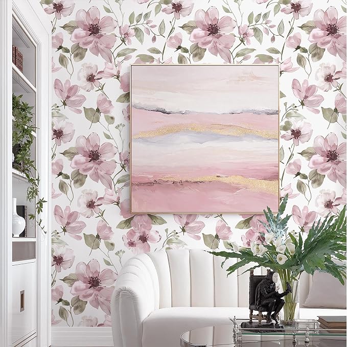 Ismoon 17.3''x393''Peel and Stick Wallpaper Boho Floral Contact Paper Pink Watercolor Flowers Leaf Wallpaper Removable Self-Adhesive Wall Paper for Bedroom Renter Friendly Vinyl - Image 9