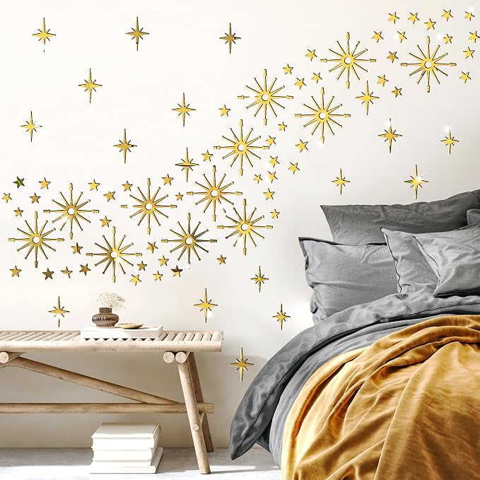 Star Wall Decals MCM Starburst Stickers Golden Mirror Decal Peel and Stick | Celestial decor, sparkle wall stickers, modern mid century decor, removable art mural, for kids bedroom living room farmhouse - Image 2