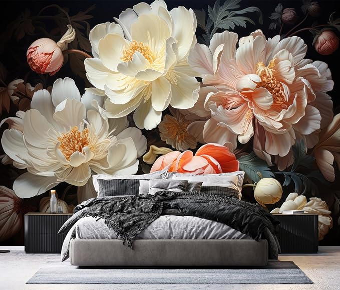 PYFFYP-3D Floral Peel and Stick Wallpaper murals with Dark Peony | For bathroom bedroom,Self adhesive paper - Image 2
