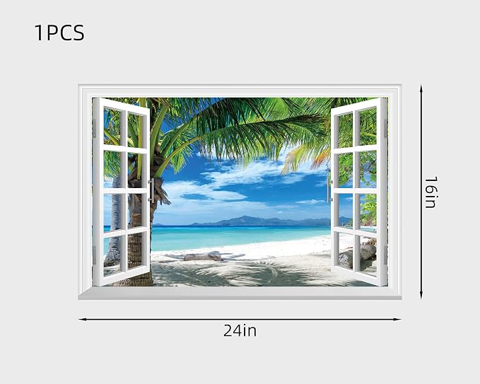 FLFK Fake Window Wall Sticker - Beach Palm Trees Faux Window Wall Mural for Wall Decor, Stick and Peel Wall Decals,24"x16" - Image 2