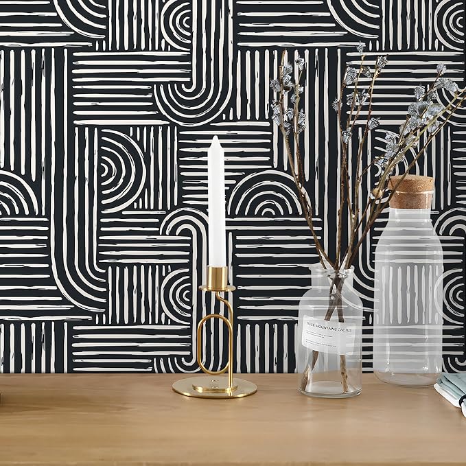 Livelynine 17.5x591 Black and White Wall Paper Peel and Stick Modern Geometric Wallpaper Removable Accent Wall Coverings Self Adhesive Mid Century Art Deco Abstract Contact Paper Waterproof Bathroom - Image 8