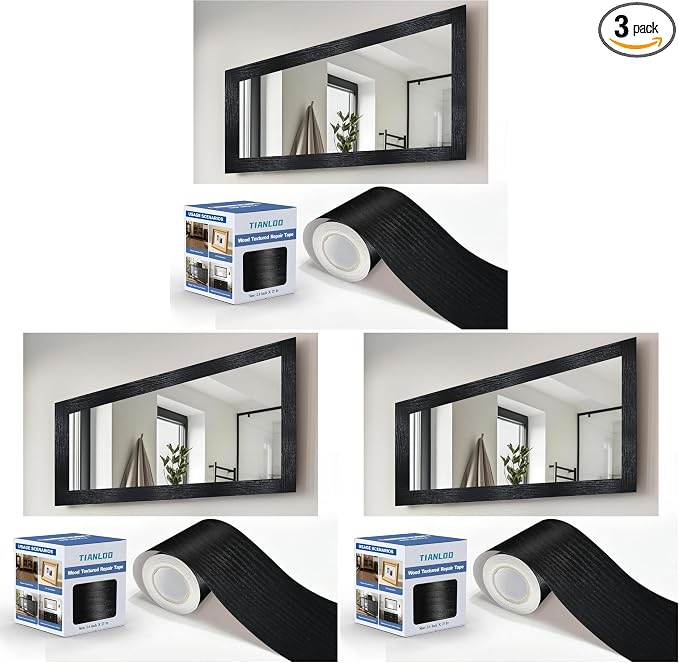 TIANLDD 27 FT Wood Grain Wallpaper Border, Removable Waterproof Mirror Border Peel and Stick,Bathroom Mirror Frame Border.(Black) (Pack of 3) by TIANLDD