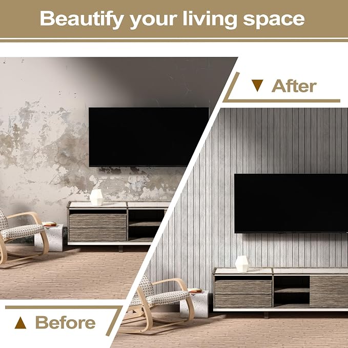 Chejiaye Peel and Stick 3D Wall Panel -23.6"x118"Soundproof Self-Adhesive Wall Sticker, Removable Thick PVC Slat Contact Paper for Kitchen Bedroom,Ceiling Wall Decoration Wood Grain (Light Grey) - Image 7