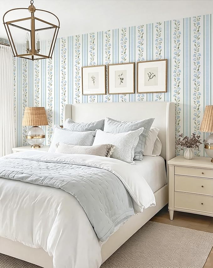 Safiyya Peel and Stick Wallpaper Stripe Floral Wall Paper Removable Blue White Green Contact Paper 17.7''x197'' Waterproof Self Adhesive Vinyl Boho Wallpaper for Bedroom Living Room Decor - Image 7