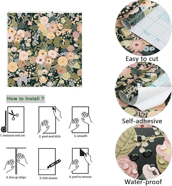 Ismoon 16.1"x78.7"Floral Peel and Stick Wallpaper Removable Self-Adhesive Wallpaper Black Watercolor Contact Paper Renovated Furniture for Cabinets Shelves Counter Tops Wall Decor Roll - Image 2
