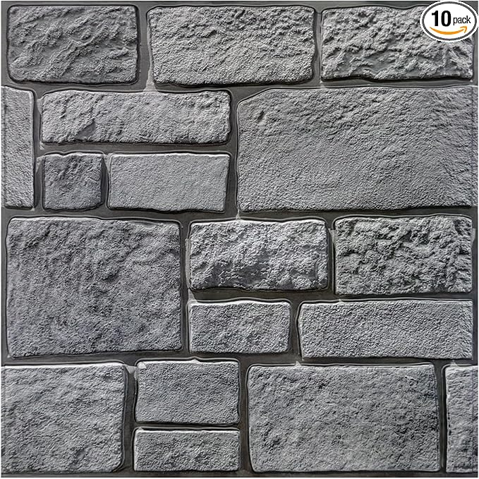 COMSTICKC 3D Faux Stone Wall Panels Peel and Stick, 10 Pcs 11.8" x 11.8" | Gray, Not Real Stone, Ultra-Light Thin PVC 3D Fake Rock Wall Sticker Covering for Easy DIY Interior Decor, Cover 9.7 sq ft by COMSTICKCDECOR