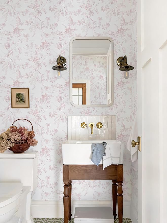 Dimoon Pink Peel and Stick Wallpaper Floral Contact Paper Boho Modern Cottage Wall Paper White Bird Village Wallpaper Renter Friendly Botanical Waterproof for Bathroom Kitchen 78.7"x17.3" - Image 4