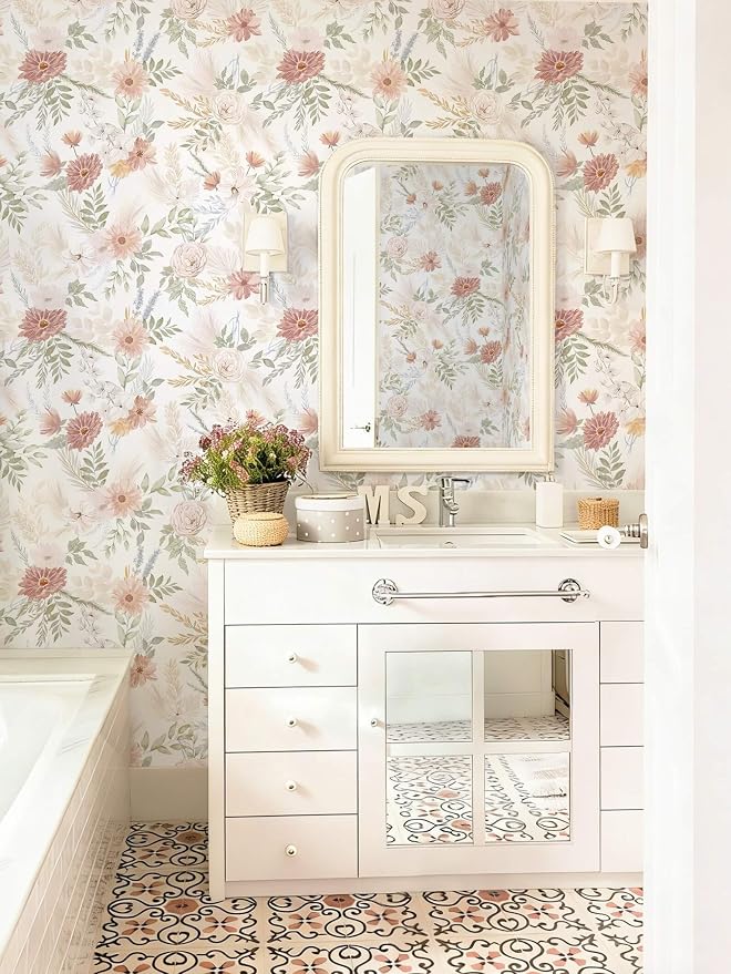 Dimoon Pink Floral Peel and Stick Wallpaper Modern Beige Contact Paper 17.3''x393'' Boho Village Country Cottage Wallpaper Renter Friendly Girls Room Wall Paper for Bathroom Nursery Bedroom Vinyl - Image 8