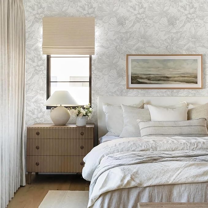 Ismoon Large Floral Peel and Stick Wallpaper Boho White/Grey Contact Paper 17.3inx16.3ft Removable Self Adhesive Bedroom Cabinet Mural Wall Decor Vinyl Roll - Image 5