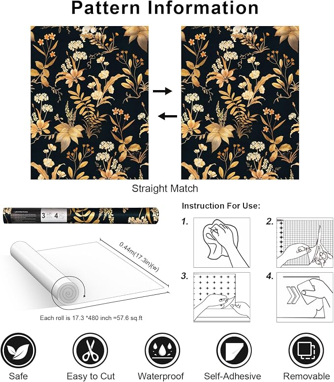 Simon&Siff Vintage Floral Peel and Stick Wallpaper 17.3" x 480" | Black Gold Botanical Contact Paper, Removable Wall Paper, Renter Friendly, for Cabinets, Furniture, DIY Decor - Image 7
