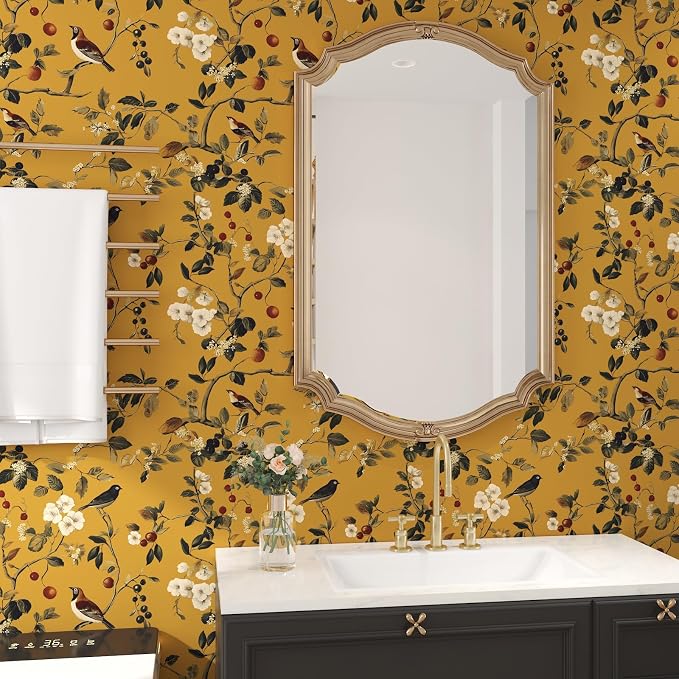 Laatse Vintage Yellow Floral Bird Wallpaper Peel and Stick 17.5"x118" | Self Adhesive/Removable/Waterproof/Thick Vinyl Contact Paper for Bathroom Bedroom Shelf Cabinet Drawer,Prepasted,Easy Peel - Image 7