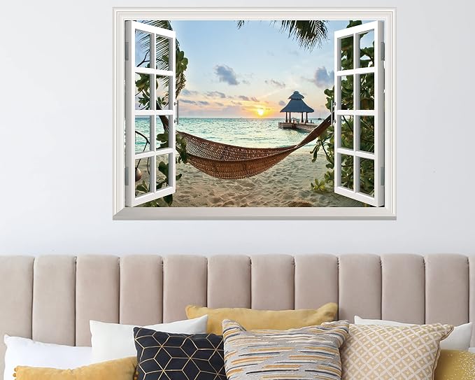 FLFK Fake Window Wall Sticker - Sunset Beach Faux Window Wall Mural for Wall Decor, Stick and Peel Wall Decals,16"x24" - Image 4