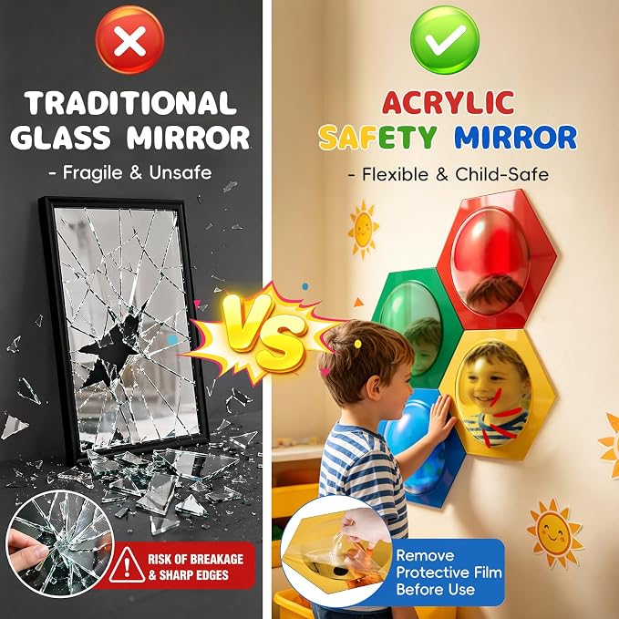 4 Pcs Honeycomb Hexagon Acrylic Sensory Bubble Mirrors for Wall, DIY Combinable Sensory Panel, Colorful Toys for Playroom & Calming Corner Supplies (Red, Yellow, Green, Blue) - Image 3