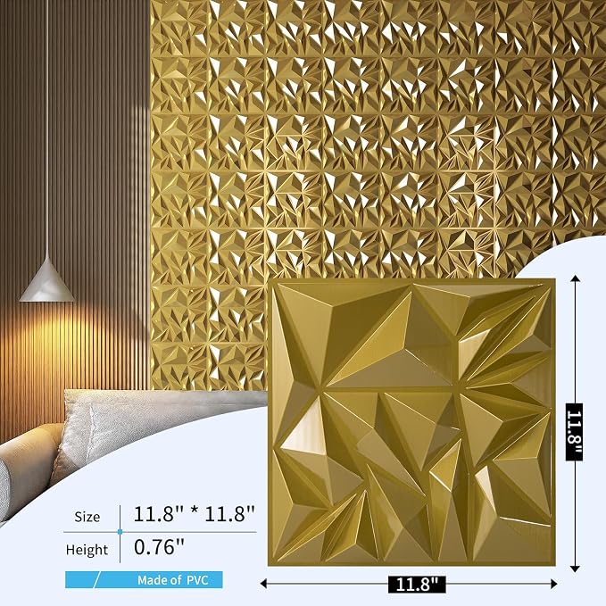 Art3d 33-Pack Modern Diamond Textured 3D Wall Panels, 12 x 12 in, Gold | Light PVC, Waterproof, Scratch Proof, Decorative Wall, Ideal for Home, Office & Commercial Spaces - Image 3