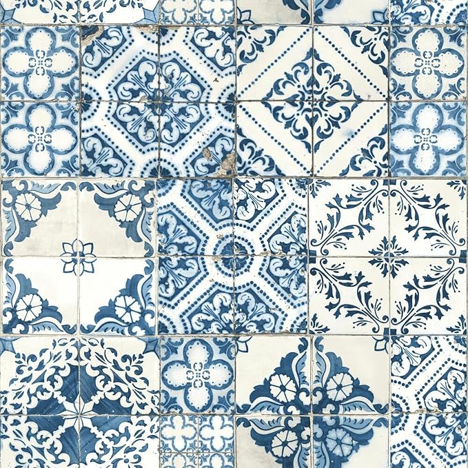 RoomMates RMK11083WP Blue Mediterranian Tile Peel and Stick Wallpaper 20.5" x 16.5 feet by RoomMates
