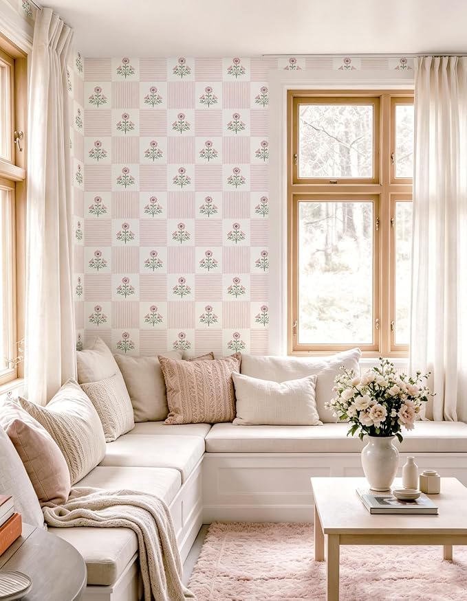 Guvana Pink Floral Peel and Stick Wallpaper Vintage Floral Wallpaper Boho Wall Paper Removable Modern Contact Paper Vinyl Self Adhesive for Bedroom Bathroom Kitchen Livingroom Covering 17.3" x 78.7" - Image 3