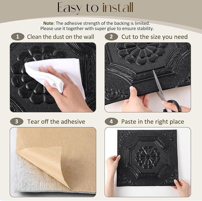 Nuanchu 30 Pcs 13.8 x 13.8 Inch Ceiling Tiles Peel and Stick, Black | Foam White 3D Wall Panels 26-105.5 Sq. ft Adhesive Glue up Waterproof Wallpaper for DIY Office Home - Image 3