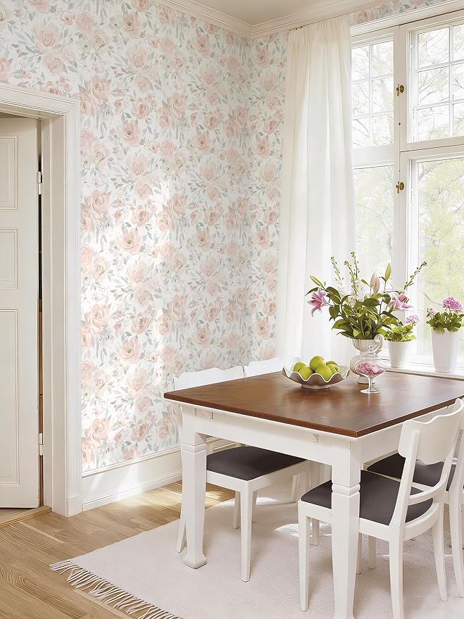 Ismoon Pink Floral Peel Stick Wallpaper Boho Watercolor Stick on Wall Paper | 17.3x78.7in Watercolor Contact Paper for Cabinet Removable Self Adhesive Vinyl Wallpaper for Girl Bedroom Accent Wall Decor - Image 6