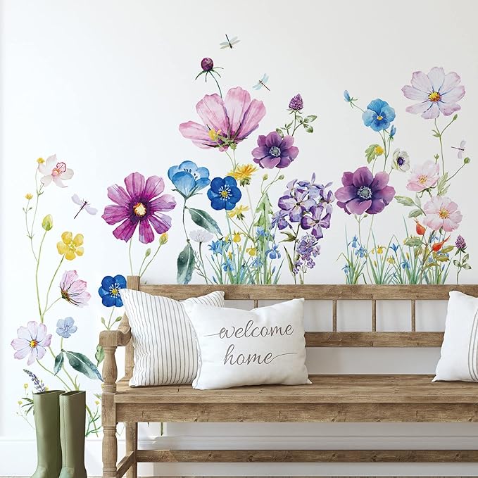 Zonon 6 Pcs Flower Wall Decals Peel and Stick Sticker, Beautiful | Vinyl Removable Wall Stickers & Murals, Colorful Dragonflies Wall Decals, Wildflower Decor for Bedroom, Living Room, Nursery - Image 5