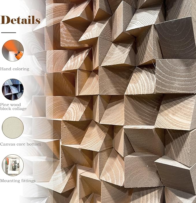 LIUZEYUE Unique Modern Wood Wall Art, Designed with Expansive Mosaic Rhythm | oversized textured wood wall art; charcoal and orange, natural grain; living room double-height focal wall; 39.4 x 78.7 in - Image 4