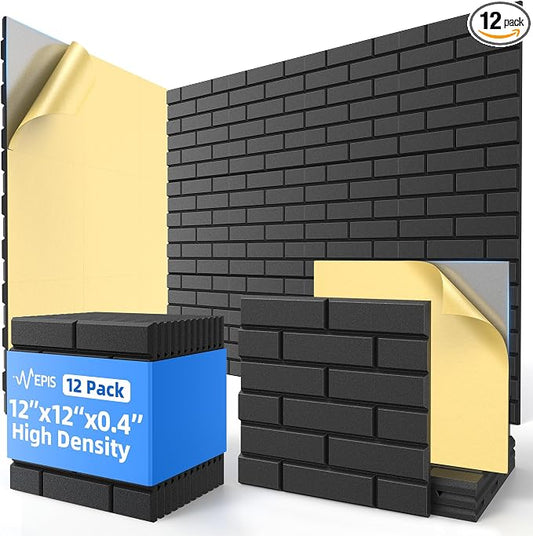 12 Pack Acoustic Panels with Self Adhesive Sound Proof Foam Panels for Wall | 12" X 12" X 0.4" High Density Soundproof Wall Panels, Brick Sound Absorbing Panels for Home Studio Office Decor - Black by NEPIS