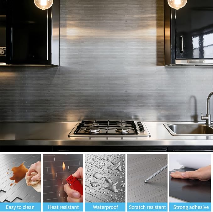Art3d 10-Pack Metal Peel and Stick Backsplash Tile, Silver Parallel | 12" x 12", Stainless Steel, Self Adhesive, Anti-Corrosion, Waterproof, Lightweight, Ideal for Kitchens, Bathrooms - Image 3