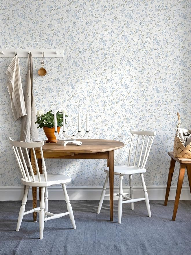 Peel and Stick Wallpaper for Nursery Blue Cherry Blossom Waterproof | 197"×17.3" Blue Floral Watercolor Wallpaper Gentle Accent Wall Decor with Grid Lines for Bedroom Vinyl Self-adhesive - Image 3