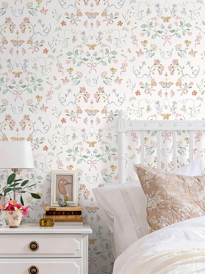 Peel and Stick Wallpaper for Nursery White Cute Bow Leaf Waterproof | 196"×17.3" Colorful Butterfly Wallpaper Cute Accent Wall Decor with Grid Lines for Bedroom Vinyl Self-adhesive - Image 9