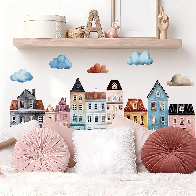 Watercolor Towns Village Wall Decal, Peel and Stick Nursery Mural Wall Stickers for Kids, Boys and Girls Room, Bedroom & Toddler Room Decor - Image 4
