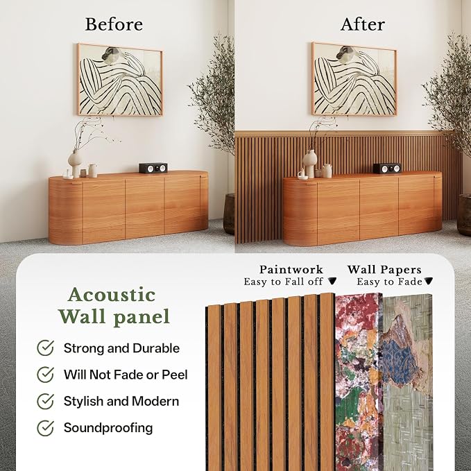 MISSDAY Wood Slat Acoustic Wall Panels, 4 Packs 94.5" x 12.6" Teak Soundproof Panel For Interior Wall Decor Noise Absorbing-3D Textured Wooden Panel Sound-Absorbing for Home, Office, Studio - Image 4