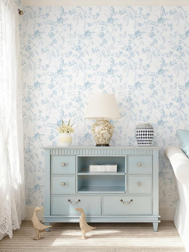 Dimoon 17.3''x385'' Blue Peel and Stick Wallpaper Floral Modern Light Blue Contact Paper White Bird Kitchen Wallpaper Removable Bathroom Renter Friendly Waterproof Embossed Bedroom Vinyl Roll - Image 3