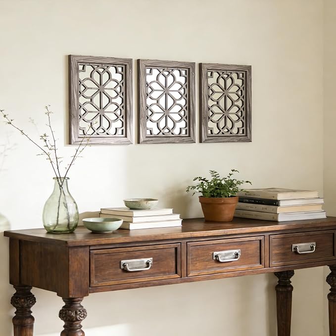 Set of 2 11x15 Inch Rectangular Shatterproof Brown Decorative Wall Mirrors, Boho Farmhouse Rustic Vintage Accent Mirrors for Living Room Bedroom Entryway & Home Decor - Image 3
