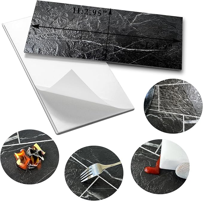 AULIGET 100 Piece Faux Stone Backsplash Peel and Stick PVC Tile, 3 Inch x 6 Inch Black Marble with White Grout Stick on Tiles for Backsplash Kitchen, Bathroom, Laundry Room, Camper, Fireplace - Image 5