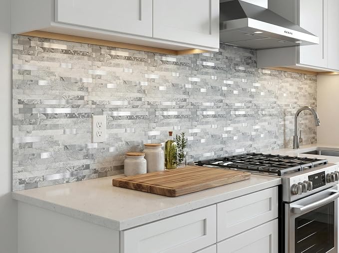 Yipscazo 1 Sheet Peel and Stick Stone Metal Tile Backsplash, Stick on Tiles for Backsplash Kitchen, Bathroom, Laundry Room, Camper, Fireplace (12'' X 12'', Gray Stone with Metal) - Image 4